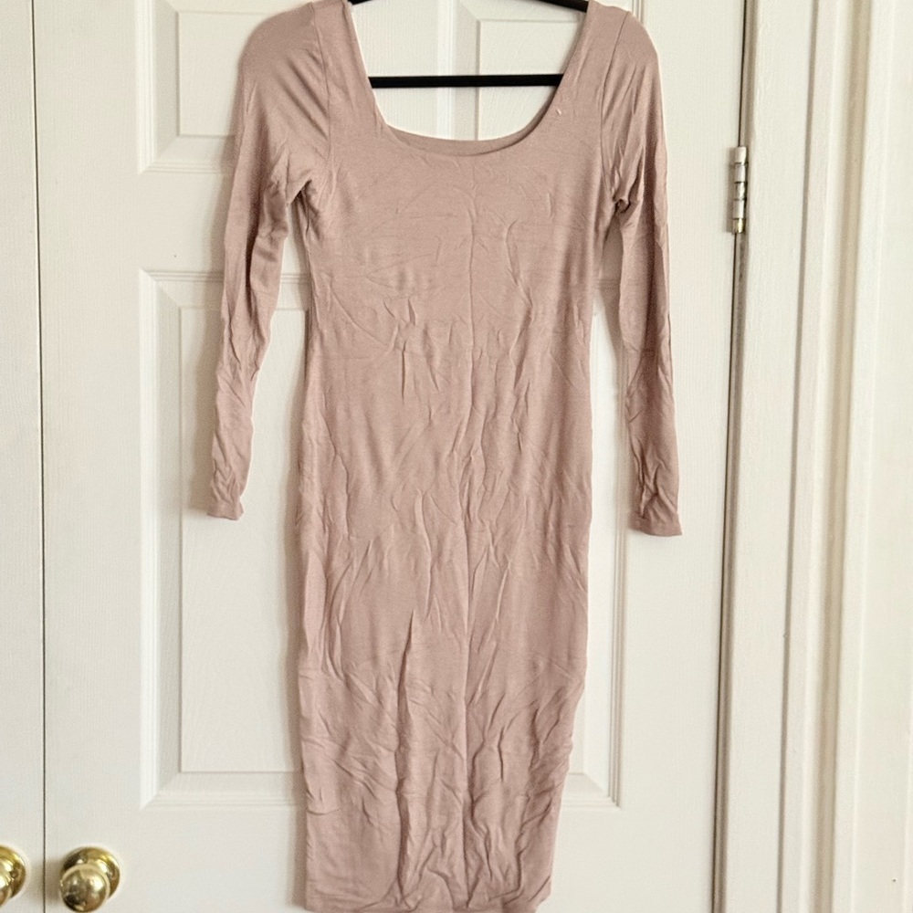 Naked Wardrobe Taupe Long Sleeve Midi Dress – Sleek Sculpted Classic - Picture 3 of 3